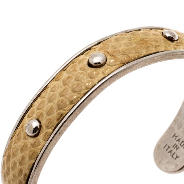 Pre Owned Tod's Mustard Leather Studded Silver Tone Narrow Cuff Bracelet