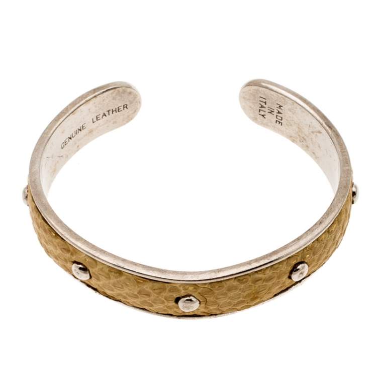 Pre Owned Tod's Mustard Leather Studded Silver Tone Narrow Cuff Bracelet