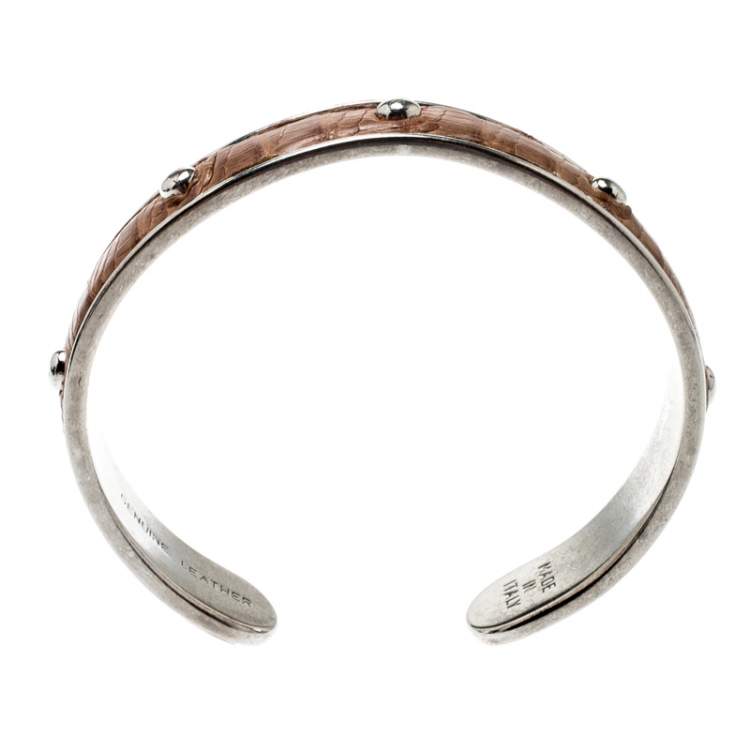 Pre Owned Tod's Brown Embossed Leather Silver Tone Studded Narrow Cuff