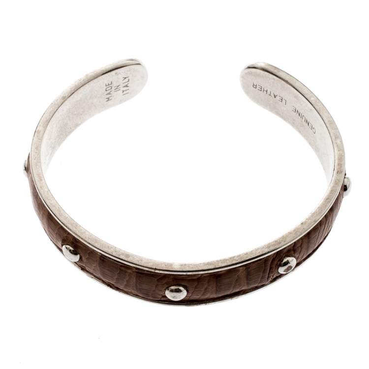 Pre Owned Tod's Brown Embossed Leather Silver Tone Studded Narrow Cuff