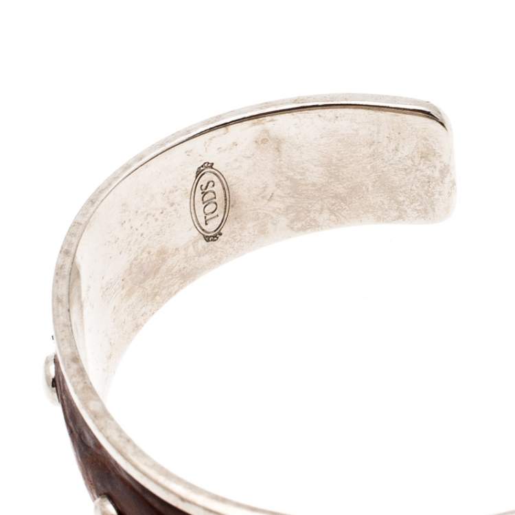 Pre Owned Tod's Dark Brown Embossed Leather Studded Silver Tone Narrow Cuff Bracelet