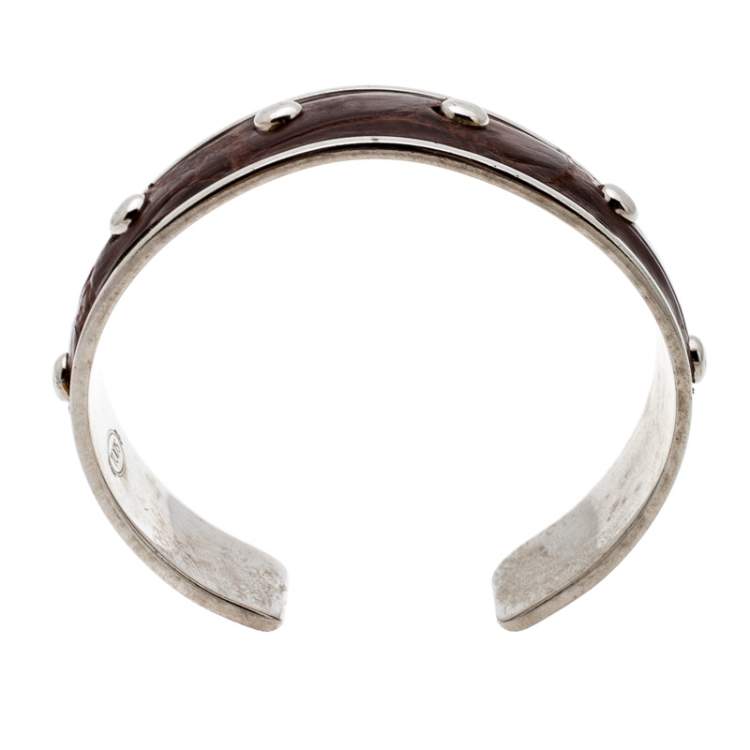 Pre Owned Tod's Dark Brown Embossed Leather Studded Silver Tone Narrow Cuff Bracelet