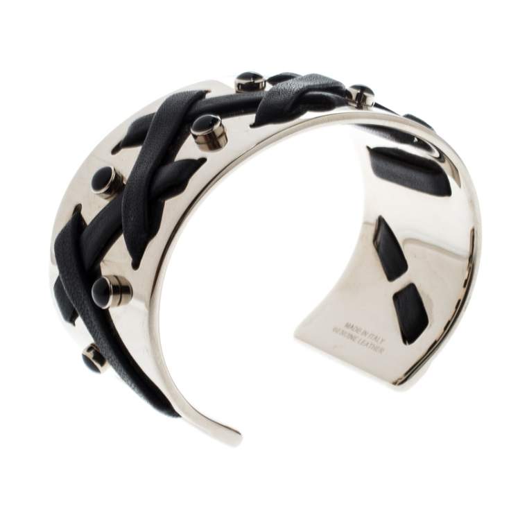 Pre Owned Tod's Black Leather Criss Cross Gold Tone Open Cuff Bracelet