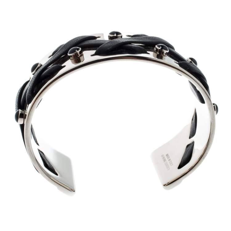 Pre Owned Tod's Black Leather Criss Cross Gold Tone Open Cuff Bracelet