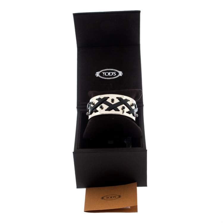 Pre Owned Tod's Black Leather Criss Cross Gold Tone Open Cuff Bracelet