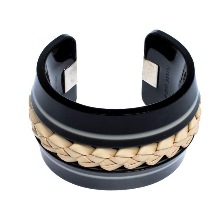 Pre Owned Tod's Black Braided Leather Inlay Resin Open Cuff Bracelet 