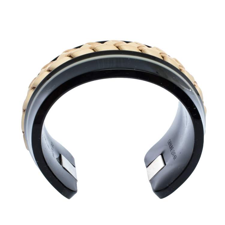 Pre Owned Tod's Black Braided Leather Inlay Resin Open Cuff Bracelet 