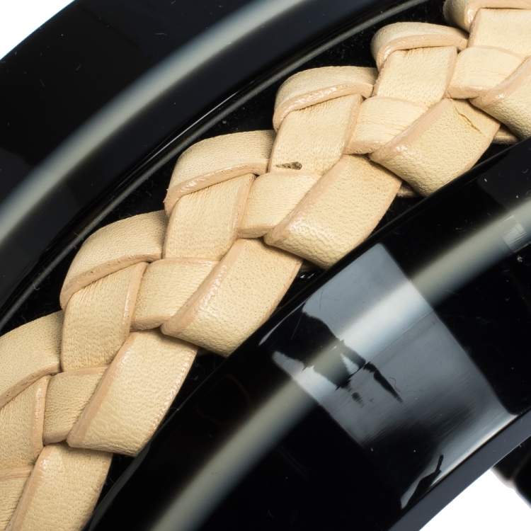 Pre Owned Tod's Black Braided Leather Inlay Resin Open Cuff Bracelet 