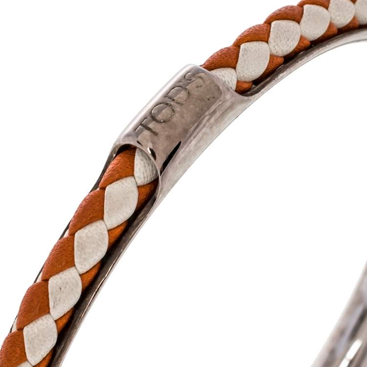 Pre Owned Tod's Woven Leather Gold Tone Bangle Bracelet