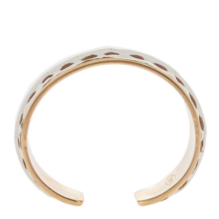 Pre Owned Tod's Gold Tone Stitch Detail White Leather Narrow Cuff Bracelet