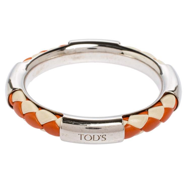 Pre Owned Tod's Woven Leather Silver Tone Bangle Bracelet
