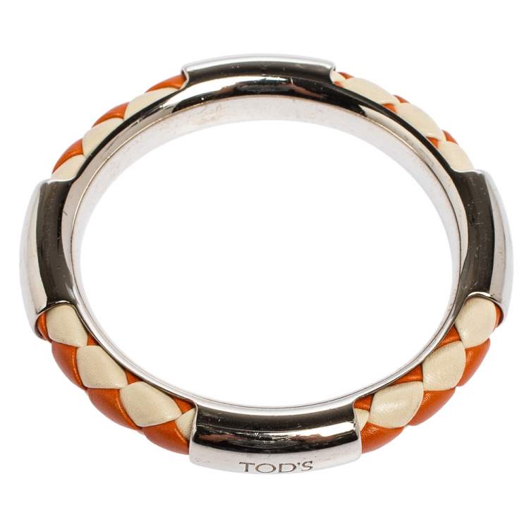 Pre Owned Tod's Woven Leather Silver Tone Bangle Bracelet