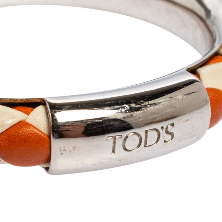 Pre Owned Tod's Woven Leather Silver Tone Bangle Bracelet