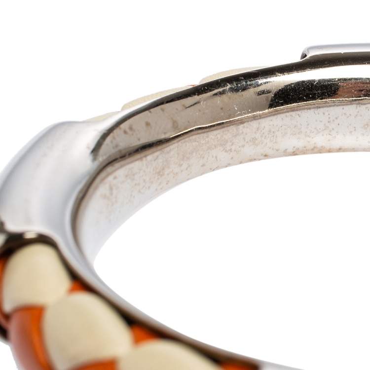 Pre Owned Tod's Woven Leather Silver Tone Bangle Bracelet