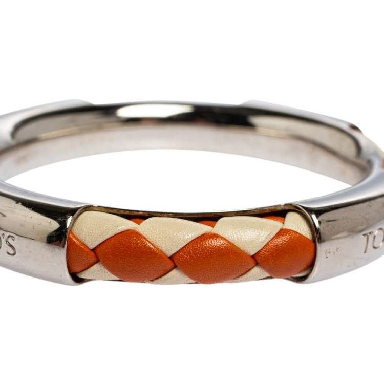 Pre Owned Tod's Woven Leather Silver Tone Bangle Bracelet