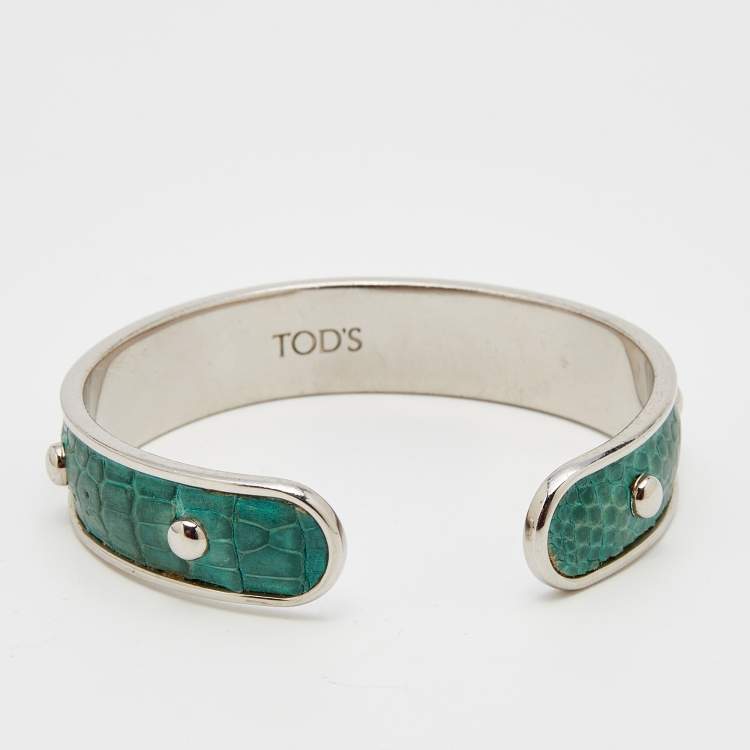 Pre Owned Tod's Silver Tone Green Embossed Leather Studded Narrow Cuff Bracelet