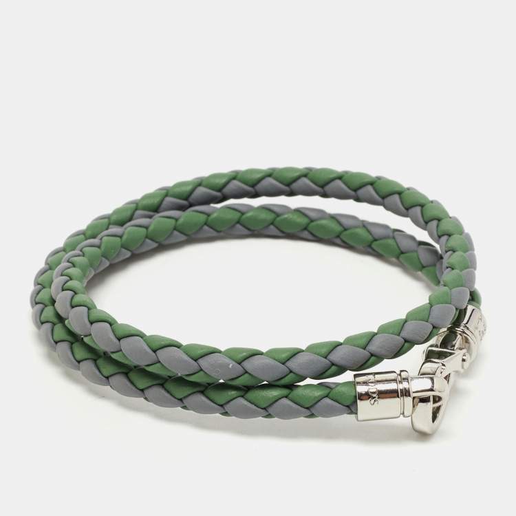 Pre Owned Tod's Two Tone Woven Leather Silver Tone Double Wrap Bracelet