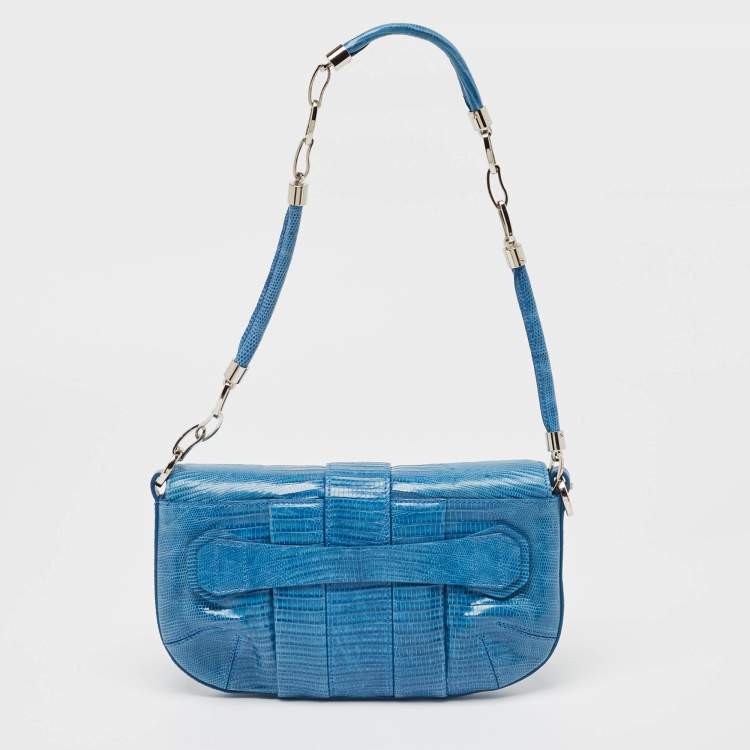 Pre Owned Tod's Blue Lizard Crystal Embellished Frame Shoulder Bag