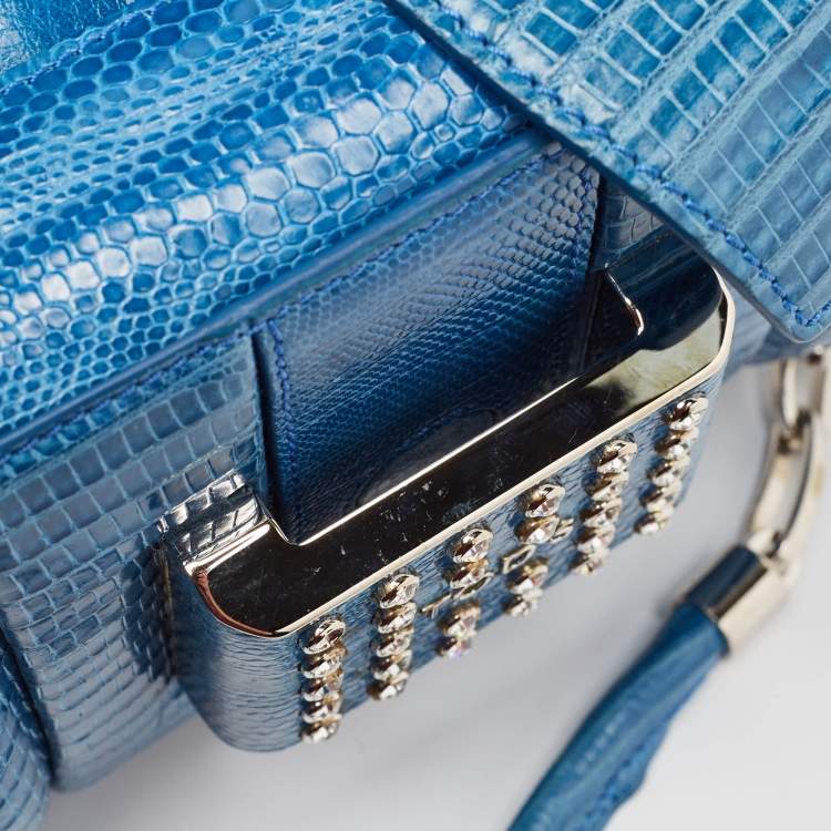 Pre Owned Tod's Blue Lizard Crystal Embellished Frame Shoulder Bag