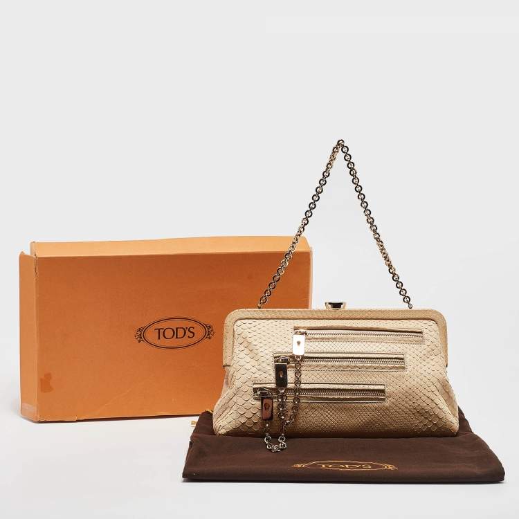 Pre Owned Tod's Light Beige Snake Triple Zip Chain Clutch