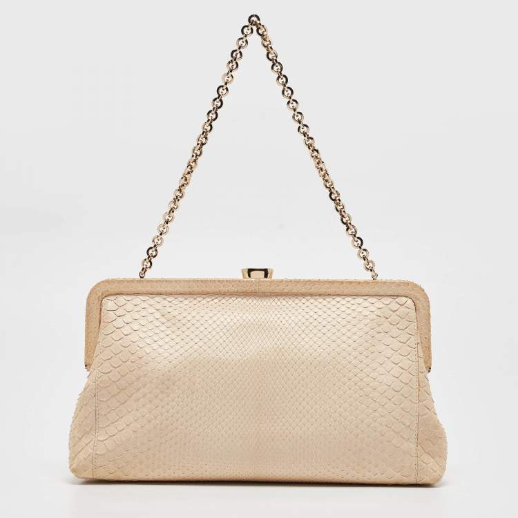 Pre Owned Tod's Light Beige Snake Triple Zip Chain Clutch