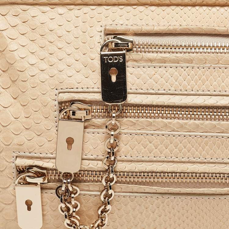 Pre Owned Tod's Light Beige Snake Triple Zip Chain Clutch
