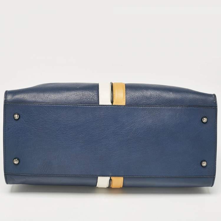 Pre Owned Tod's Navy Blue Leather Stripe Tote