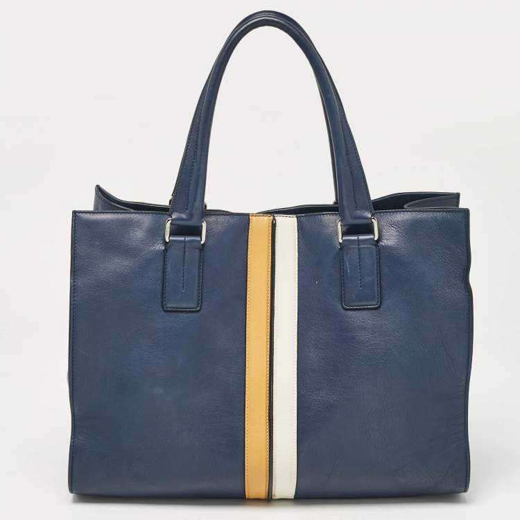 Pre Owned Tod's Navy Blue Leather Stripe Tote