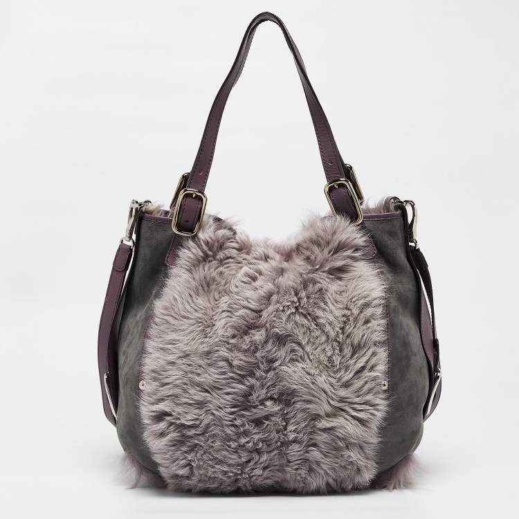 Pre Owned Tod's Purple/Grey Fur, Suede and Leather Buckle Hobo