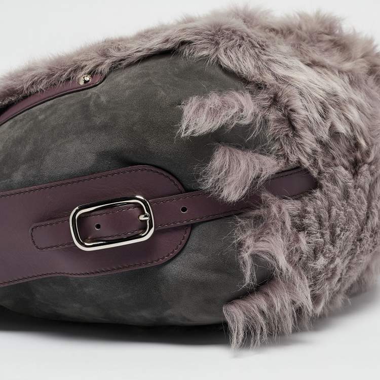 Pre Owned Tod's Purple/Grey Fur, Suede and Leather Buckle Hobo