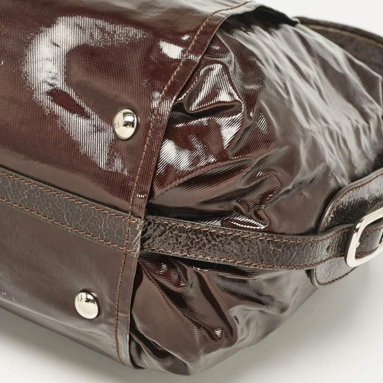Pre Owned Tod's Dark Brown Coated Canvas and Crackled Patent Leather Side Buckle Hobo