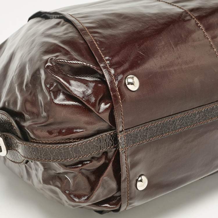 Pre Owned Tod's Dark Brown Coated Canvas and Crackled Patent Leather Side Buckle Hobo
