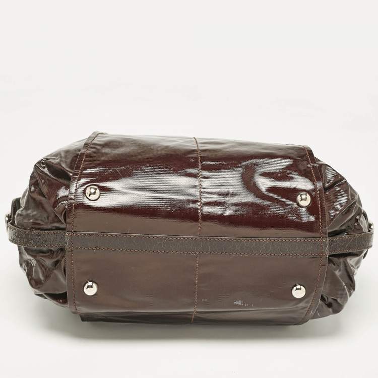 Pre Owned Tod's Dark Brown Coated Canvas and Crackled Patent Leather Side Buckle Hobo