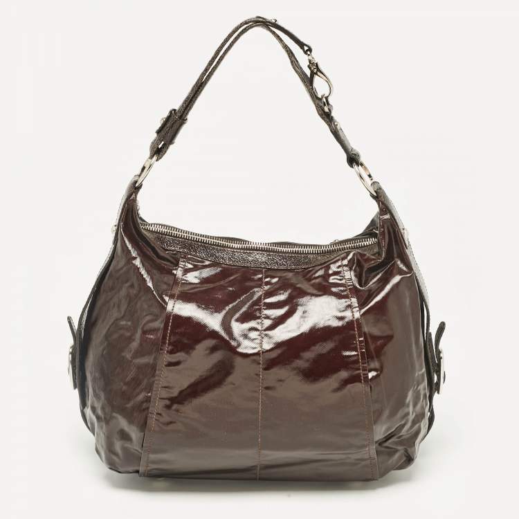 Pre Owned Tod's Dark Brown Coated Canvas and Crackled Patent Leather Side Buckle Hobo