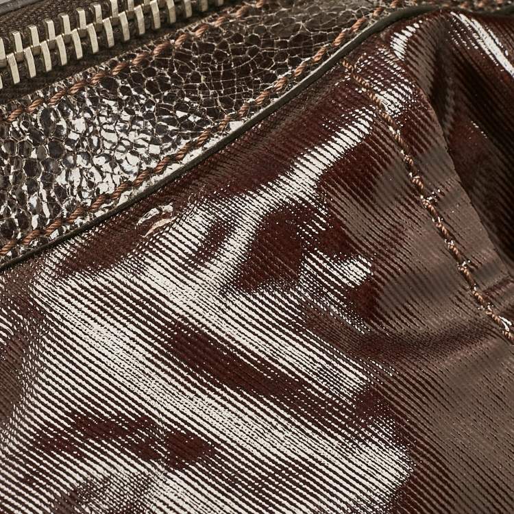 Pre Owned Tod's Dark Brown Coated Canvas and Crackled Patent Leather Side Buckle Hobo