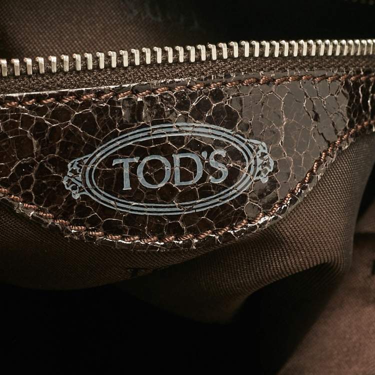 Pre Owned Tod's Dark Brown Coated Canvas and Crackled Patent Leather Side Buckle Hobo