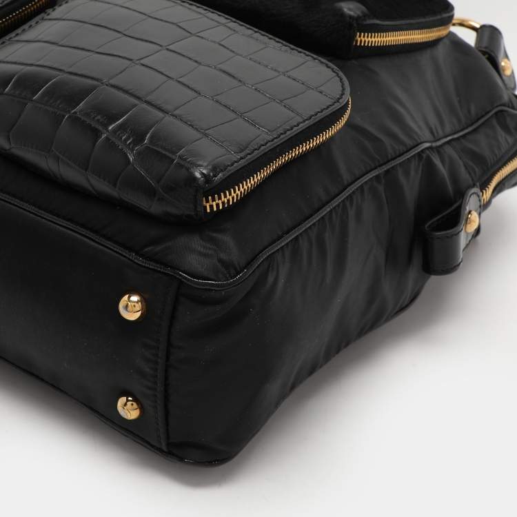 Pre Owned Tod's Black Calf Hair and Croc Embossed Leather D Bag
