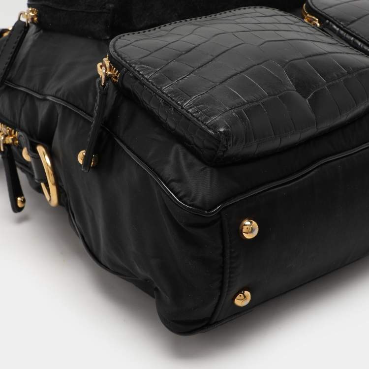Pre Owned Tod's Black Calf Hair and Croc Embossed Leather D Bag
