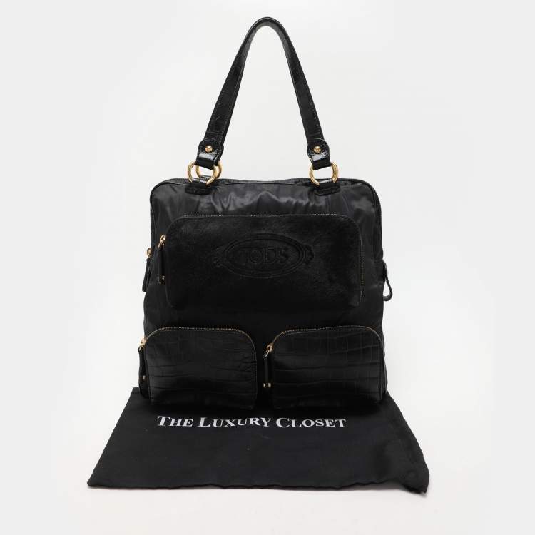 Pre Owned Tod's Black Calf Hair and Croc Embossed Leather D Bag