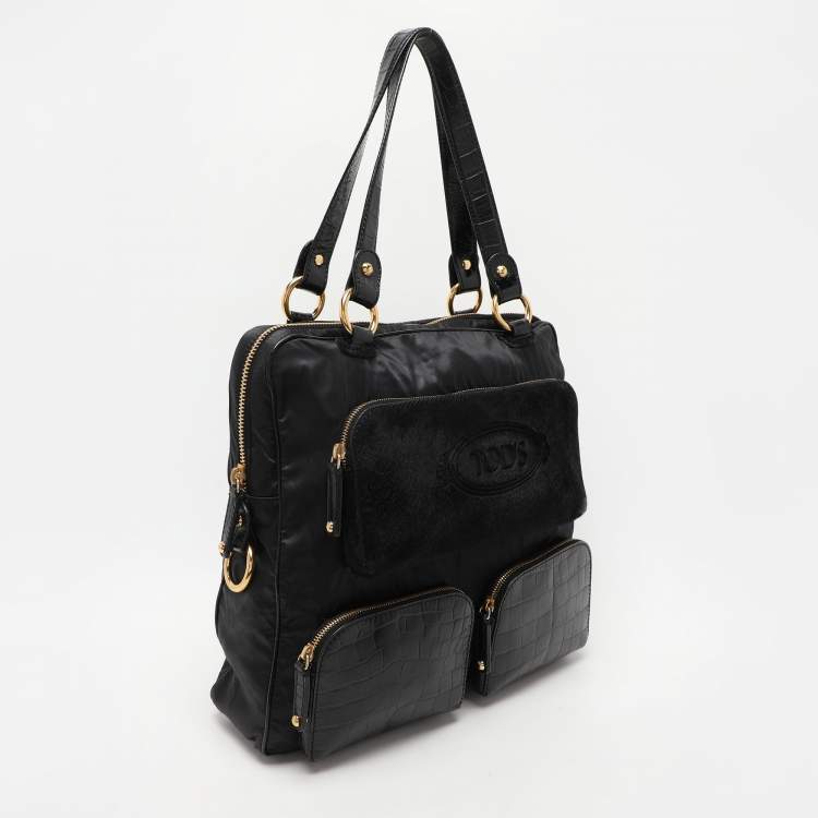 Pre Owned Tod's Black Calf Hair and Croc Embossed Leather D Bag