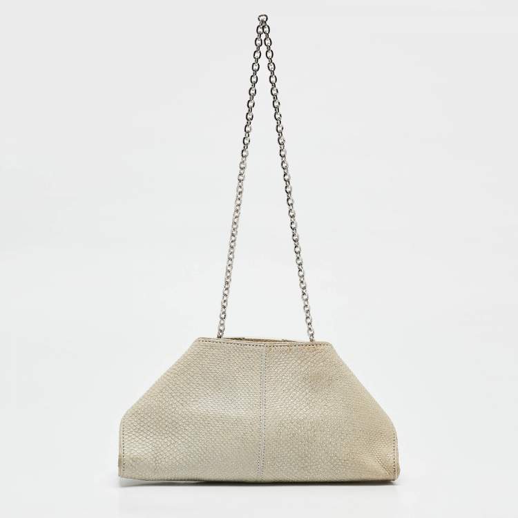 Pre Owned Tod's Light Grey Shimmer Lizard New Girelli Chain Clutch