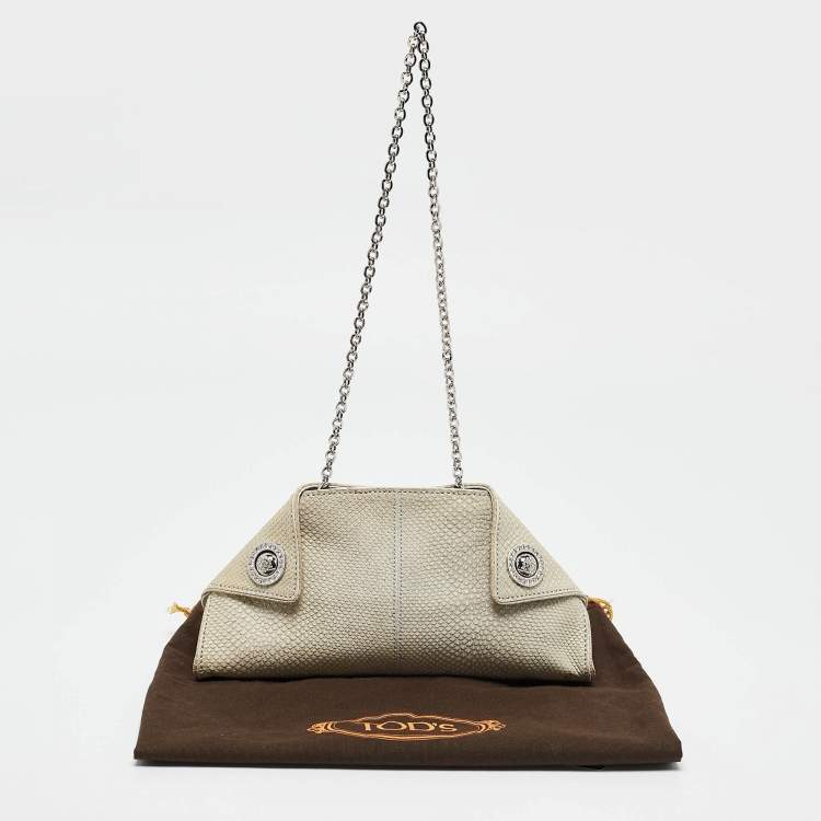 Pre Owned Tod's Light Grey Shimmer Lizard New Girelli Chain Clutch