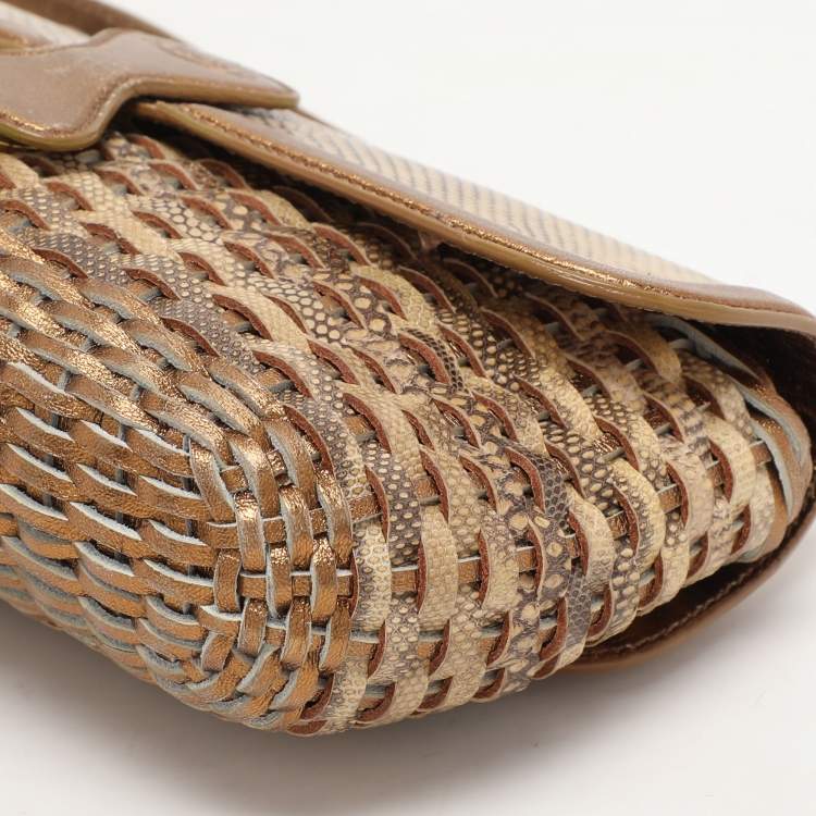 Pre Owned Tod's Gold/Beige Woven Leather Shoulder Bag