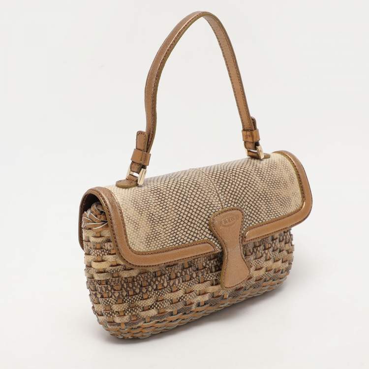 Pre Owned Tod's Gold/Beige Woven Leather Shoulder Bag