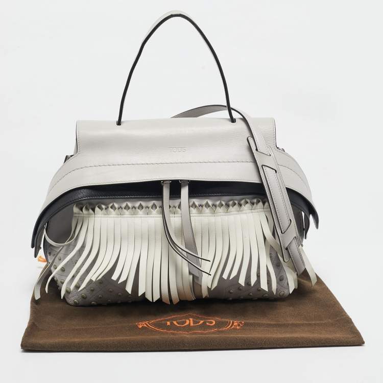 Pre Owned Tod's Light Grey/White Leather Origami Fringed Top Handle Bag