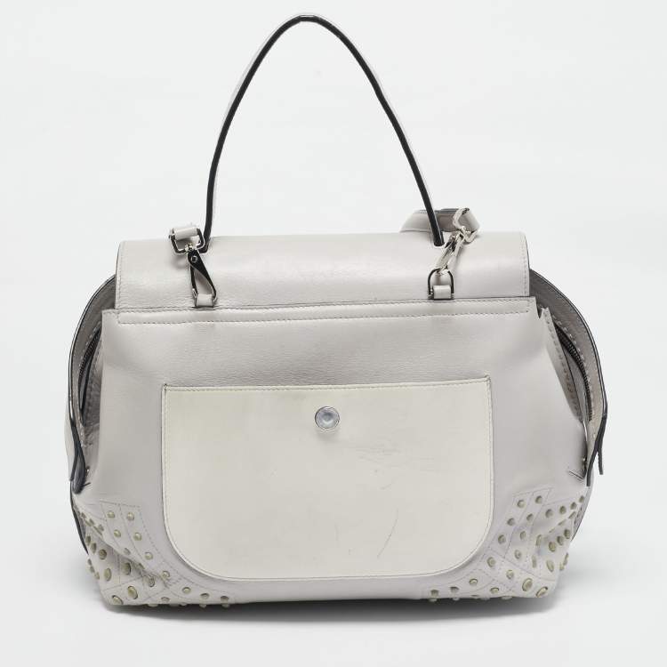 Pre Owned Tod's Light Grey/White Leather Origami Fringed Top Handle Bag