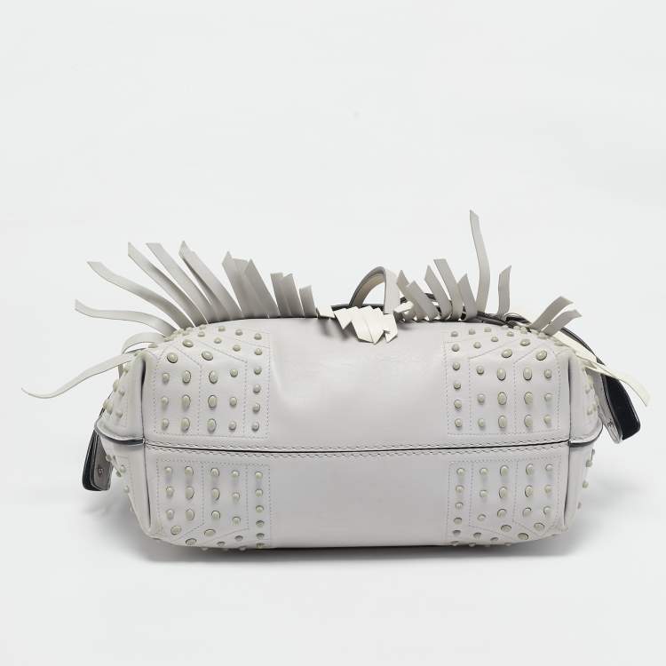 Pre Owned Tod's Light Grey/White Leather Origami Fringed Top Handle Bag