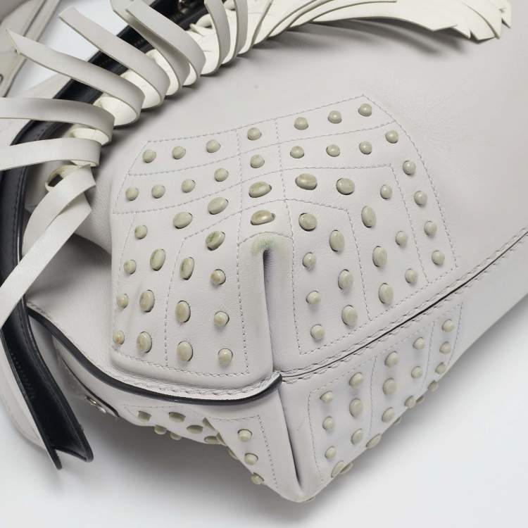 Pre Owned Tod's Light Grey/White Leather Origami Fringed Top Handle Bag