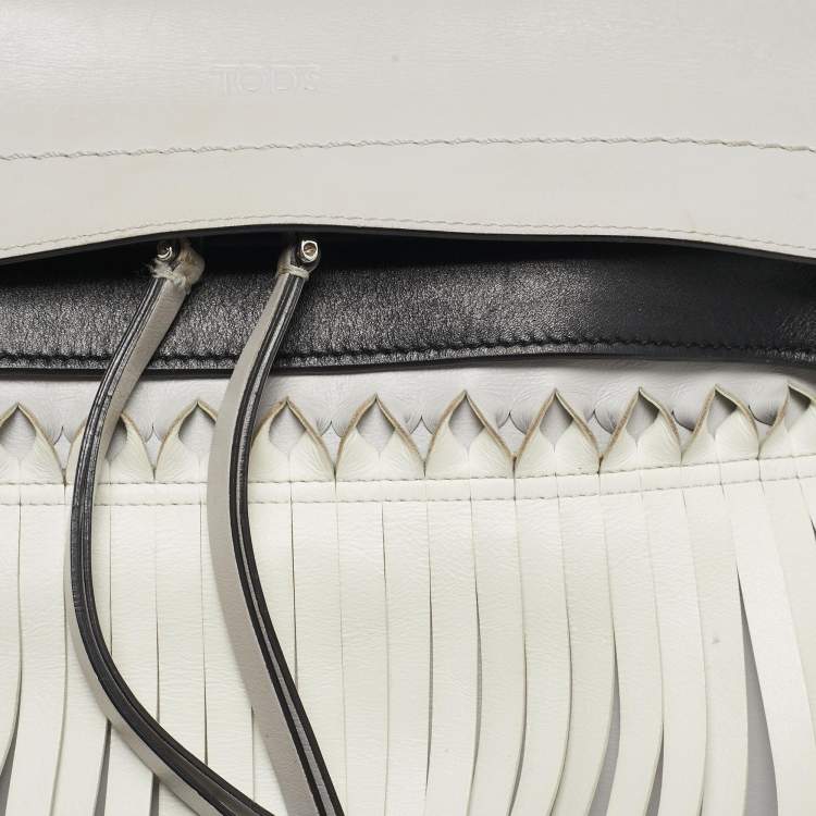 Pre Owned Tod's Light Grey/White Leather Origami Fringed Top Handle Bag