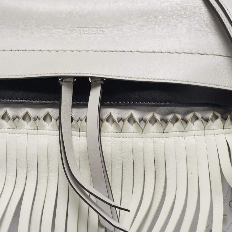 Pre Owned Tod's Light Grey/White Leather Origami Fringed Top Handle Bag